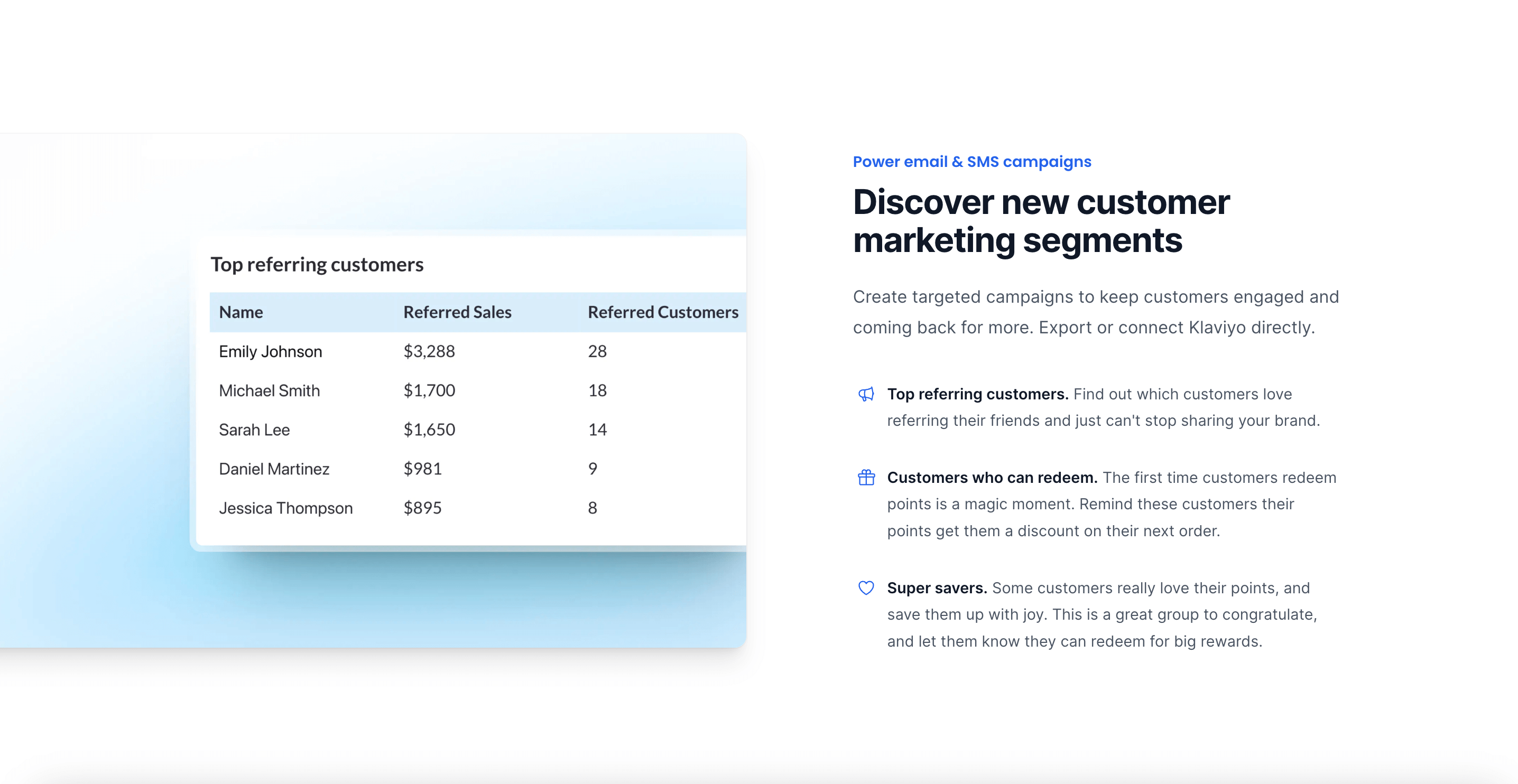 A screenshot from the Smile.io Analytics website page showing how to discover new customer marketing segments with reports.